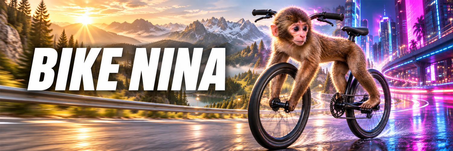 BIKE NINA banner — mountains to neon city